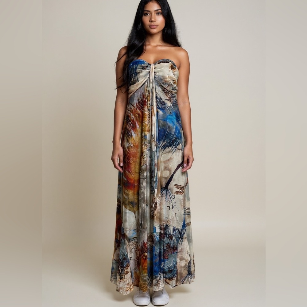 Elana‎ Kattan Whimsy Fairy Strapless Dragonfly Print Maxi Dress Size Large